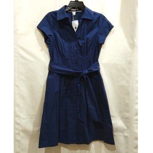 Cotton Pin Tuck Button Front Shirtwaist Dress S Navy Blue Dark Academia Retro
